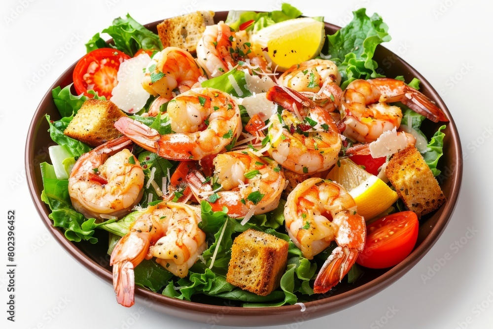 Caesar Salad, Cesar Salat or Barbecue Shrimps Ceasar with Green Lettuce, Grated Parmesan Cheese Caesar Salad, Cesar Salat or Barbecue Shrimps Ceasar with Green Lettuce, Grated Parmesan Cheese