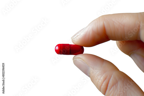 Focused healthcare concept: A hand holding a single red capsule against a neutral background, symbolizing medical treatment and care.