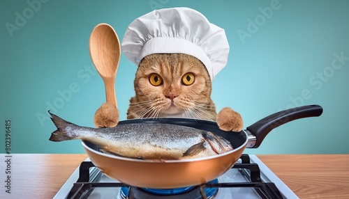 Katze Brät einen Fisch auf den Gasherd. photo