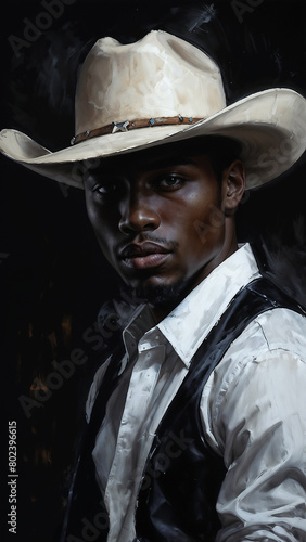 Illustration of black man in white shirt with black vest and white cowboy hat. Black man on black background.