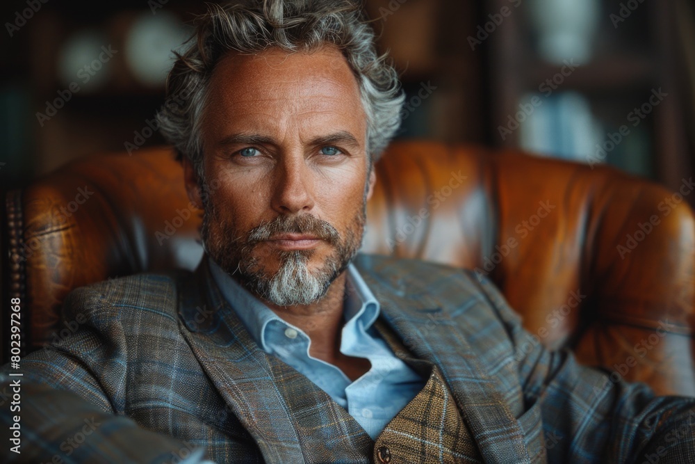 A portrait of a distinguished mature man with silver hair and beard, exuding confidence and wisdom A portrait of a distinguished mature man with silver hair and beard, exuding confidence and wisdom