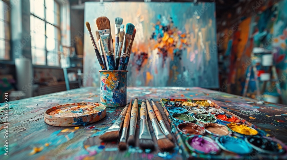 An empty art studio with paintbrushes and palettes