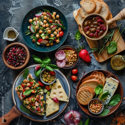 Wallpaper Mural Fried Vegetable Salad, Green Mix Meat and Chickpeas, Cheese Plate and Freshly Baked Bread Torontodigital.ca