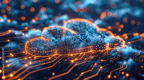 Digital illustration of a bright blue cloud composed of glowing particles over circuit board lines, representing cloud networking