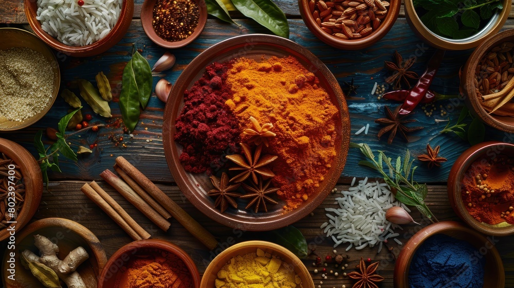 Indian cuisine with vibrant spices, aromatic rice, and mouthwatering dishes artfully arranged on a rustic wooden table, promising a sensory feast. Indian cuisine with vibrant spices, aromatic rice, and mouthwatering dishes artfully arranged on a rustic wooden table, promising a sensory feast.