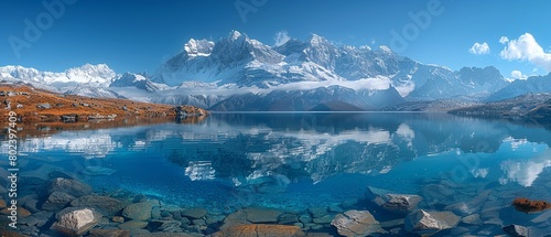 Snow-capped mountains reflecting in a crystal-clear alpine lake.Professional photographer perspective