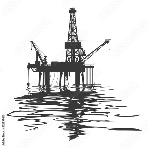 silhouette oil platform or oil derrick in the sea black color only