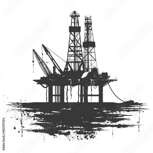 silhouette oil platform or oil derrick in the sea black color only