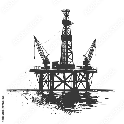 silhouette oil platform or oil derrick in the sea black color only