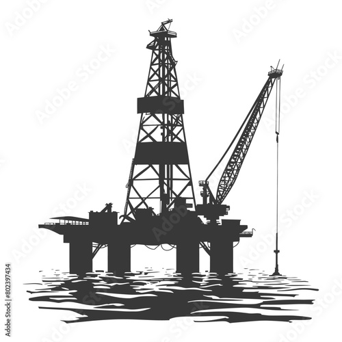 silhouette oil platform or oil derrick in the sea black color only