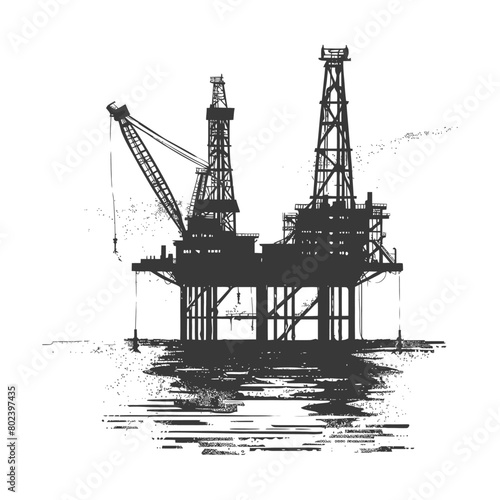 silhouette oil platform or oil derrick in the sea black color only