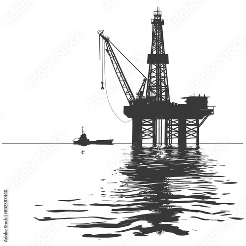 silhouette oil platform or oil derrick in the sea black color only
