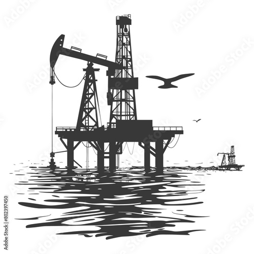 silhouette oil platform or oil derrick in the sea black color only