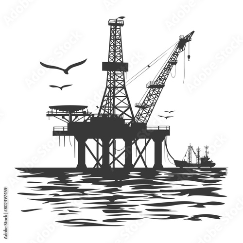silhouette oil platform or oil derrick in the sea black color only