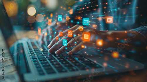 A hand interacts with a futuristic digital interface on a laptop, highlighting advanced communication technology.