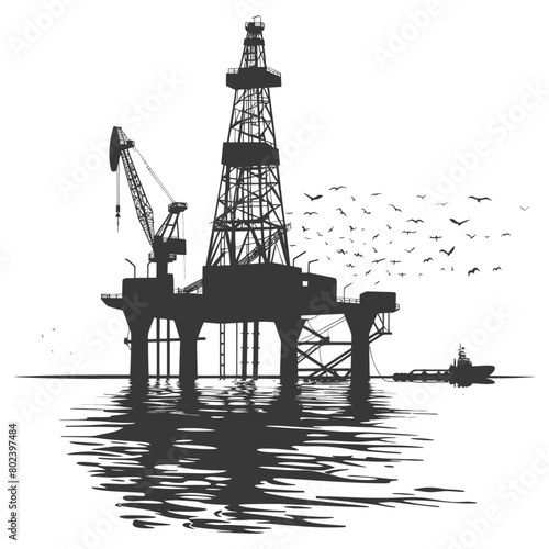 silhouette oil platform or oil derrick in the sea black color only