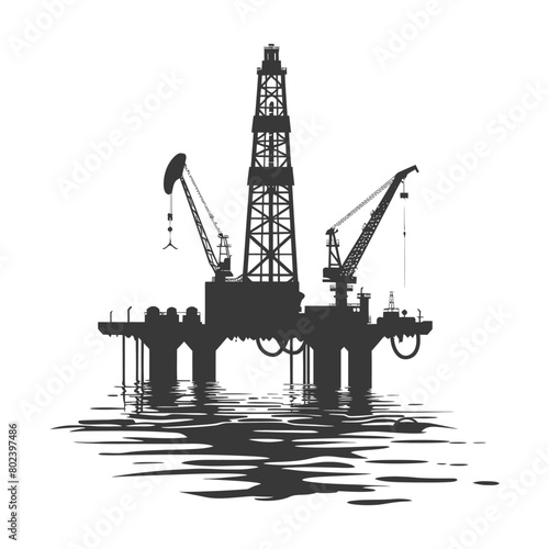 silhouette oil platform or oil derrick in the sea black color only