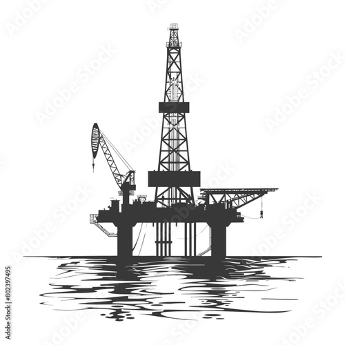 silhouette oil platform or oil derrick in the sea black color only