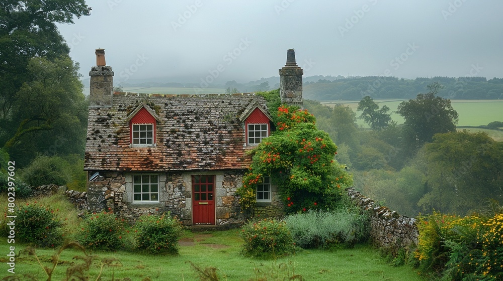 Fototapeta premium A charming countryside cottage nestled among rolling hills.Professional photographer perspective