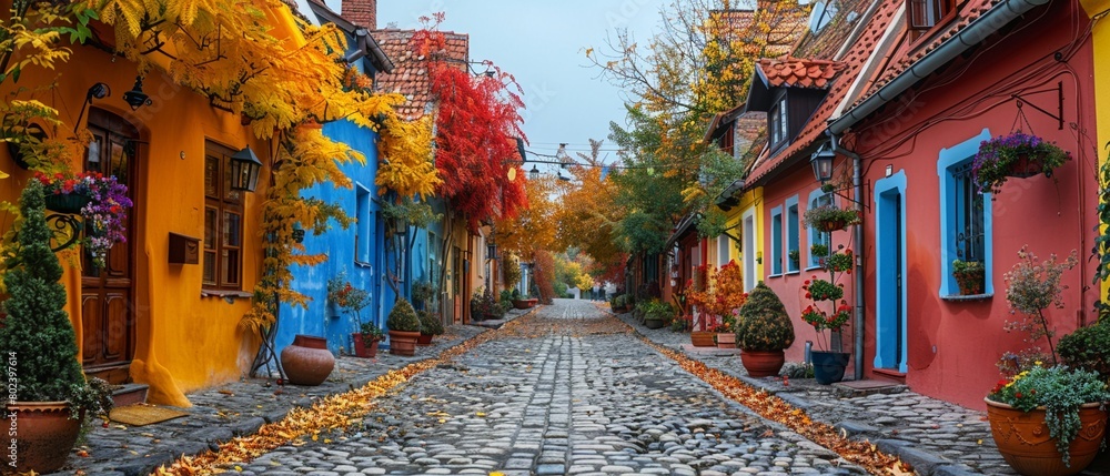 Fototapeta premium A charming cobblestone street lined with colorful buildings.Professional photographer perspective