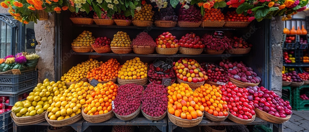 A colorful farmers market stall filled with fresh produce