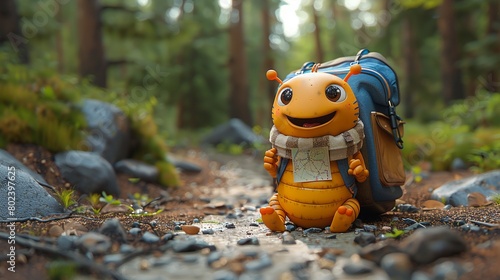 A cheerful worm cartoon character with a backpack and map © fangphotolia