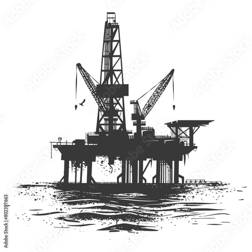 silhouette oil platform or oil derrick in the sea black color only