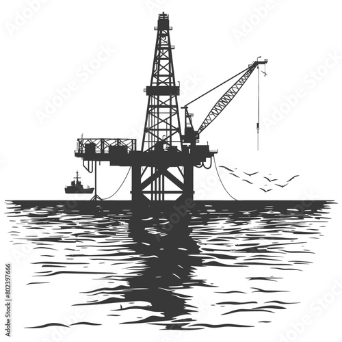 silhouette oil platform or oil derrick in the sea black color only