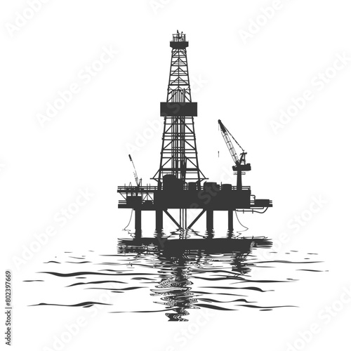 silhouette oil platform or oil derrick in the sea black color only