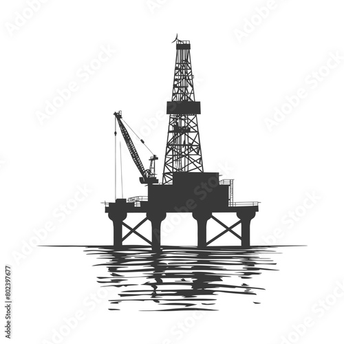 silhouette oil platform or oil derrick in the sea black color only