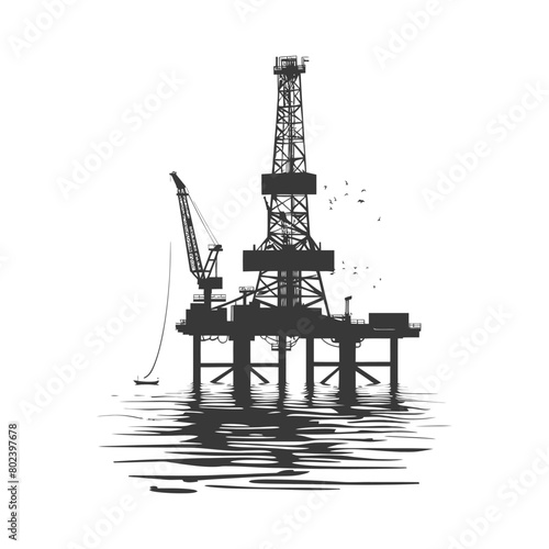 silhouette oil platform or oil derrick in the sea black color only
