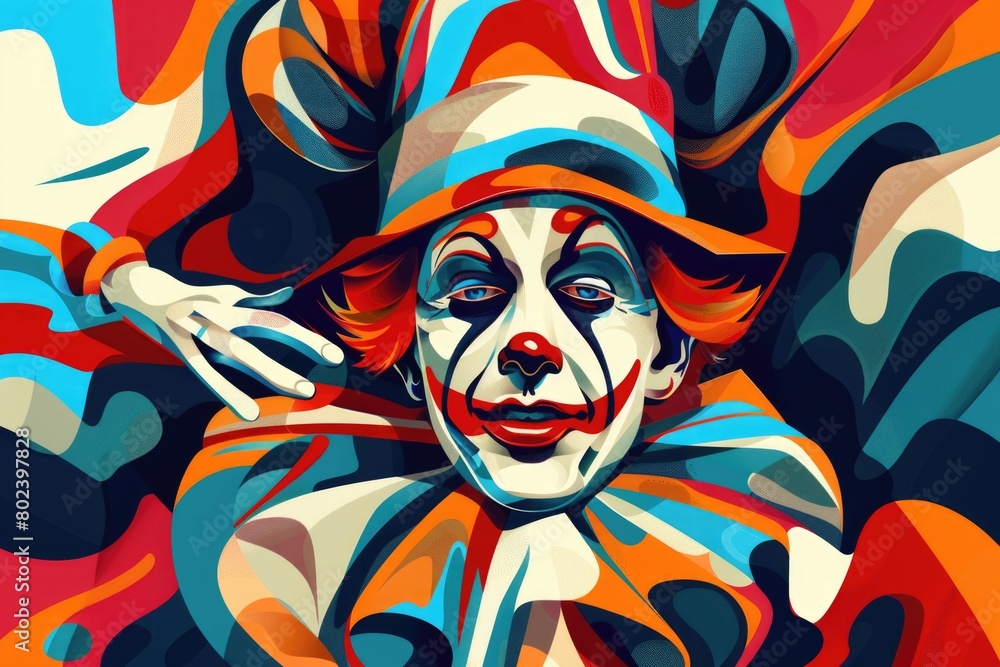 Colorful painting of a clown wearing a hat. Ideal for children's birthday party invitations