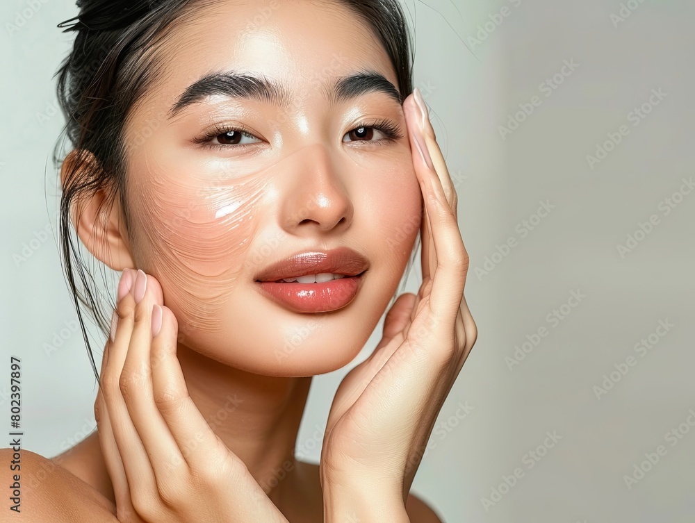 Elegant Asian Woman Practicing Soothing Facial Massage Routine for Radiant,Glowing Skin Elegant Asian Woman Practicing Soothing Facial Massage Routine for Radiant,Glowing Skin