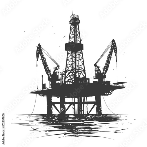 silhouette oil platform or oil derrick in the sea black color only