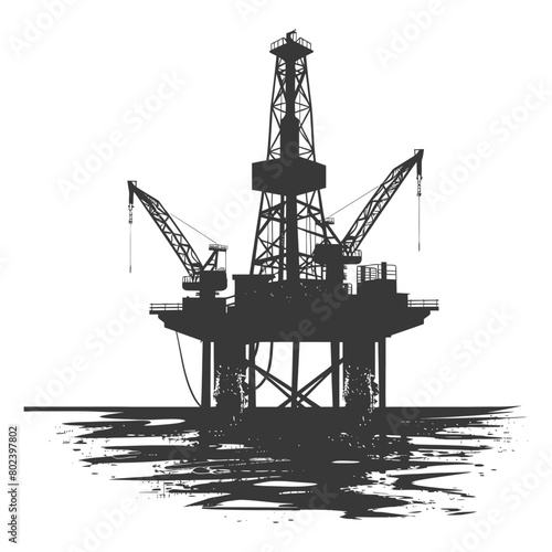 silhouette oil platform or oil derrick in the sea black color only