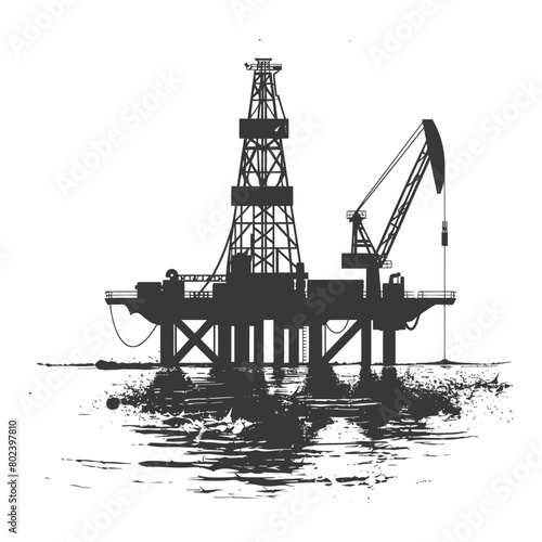 silhouette oil platform or oil derrick in the sea black color only