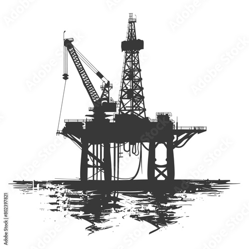silhouette oil platform or oil derrick in the sea black color only