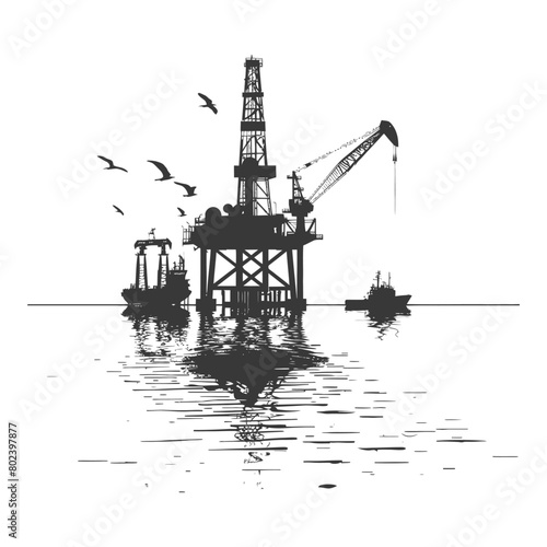 silhouette oil platform or oil derrick in the sea black color only