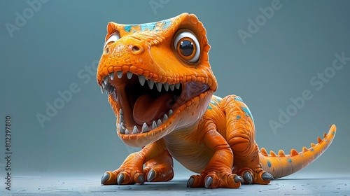 A fearsome dinosaur cartoon character with sharp claws and a powerful roar but rendered in an endearing and playful style