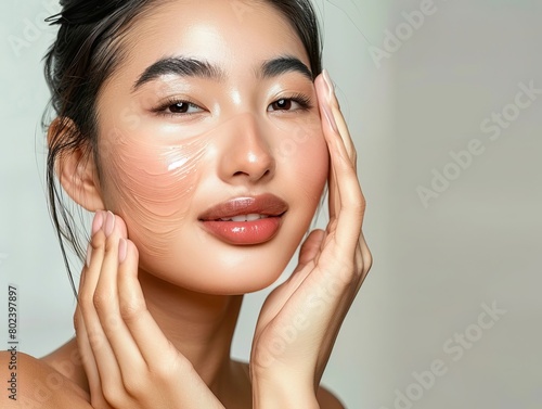 Elegant Asian Woman Practicing Soothing Facial Massage Routine for Radiant Glowing Skin