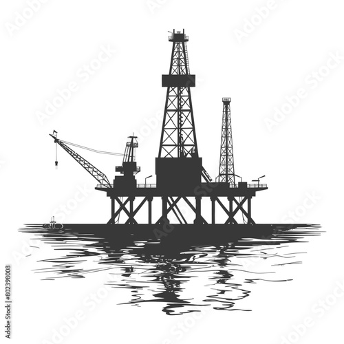 silhouette oil platform or oil derrick in the sea black color only