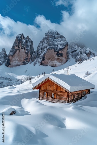 A cozy cabin in a snowy mountain setting, perfect for winter themes © Ева Поликарпова