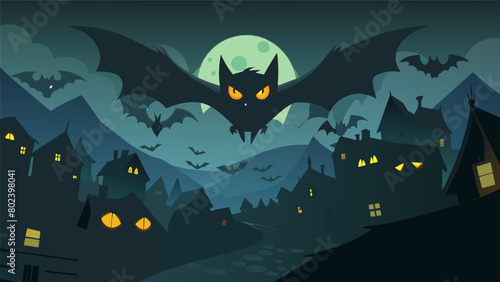 As night falls a colony of bats descends on a village their glowing eyes and sharp fangs striking fear into the hearts of the villagers.. photo