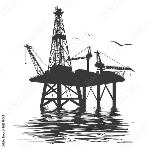 silhouette oil platform or oil derrick in the sea black color only
