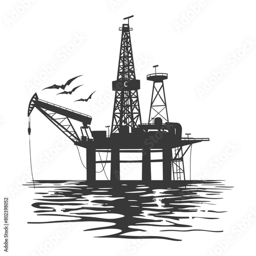 silhouette oil platform or oil derrick in the sea black color only