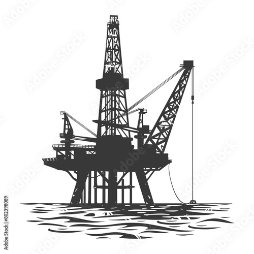 silhouette oil platform or oil derrick in the sea black color only
