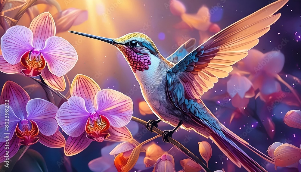 Naklejka premium Vivid Hummingbird in Flight, Wildlife Beauty Amid Tropical Blooms
