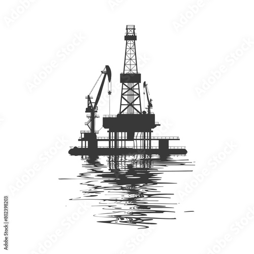 silhouette oil platform or oil derrick in the sea black color only