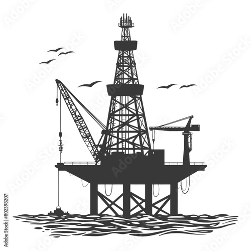 silhouette oil platform or oil derrick in the sea black color only