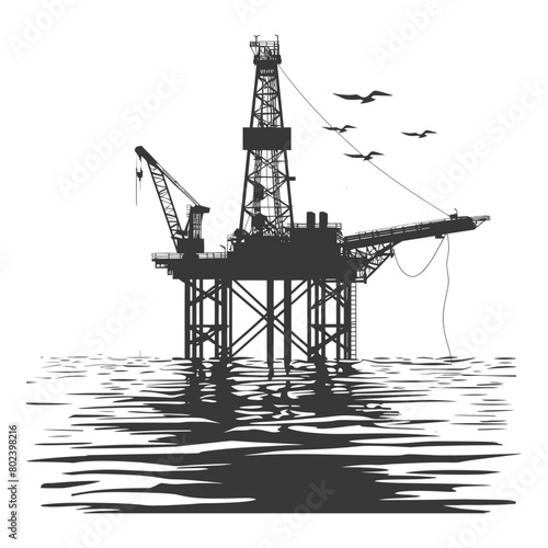 silhouette oil platform or oil derrick in the sea black color only